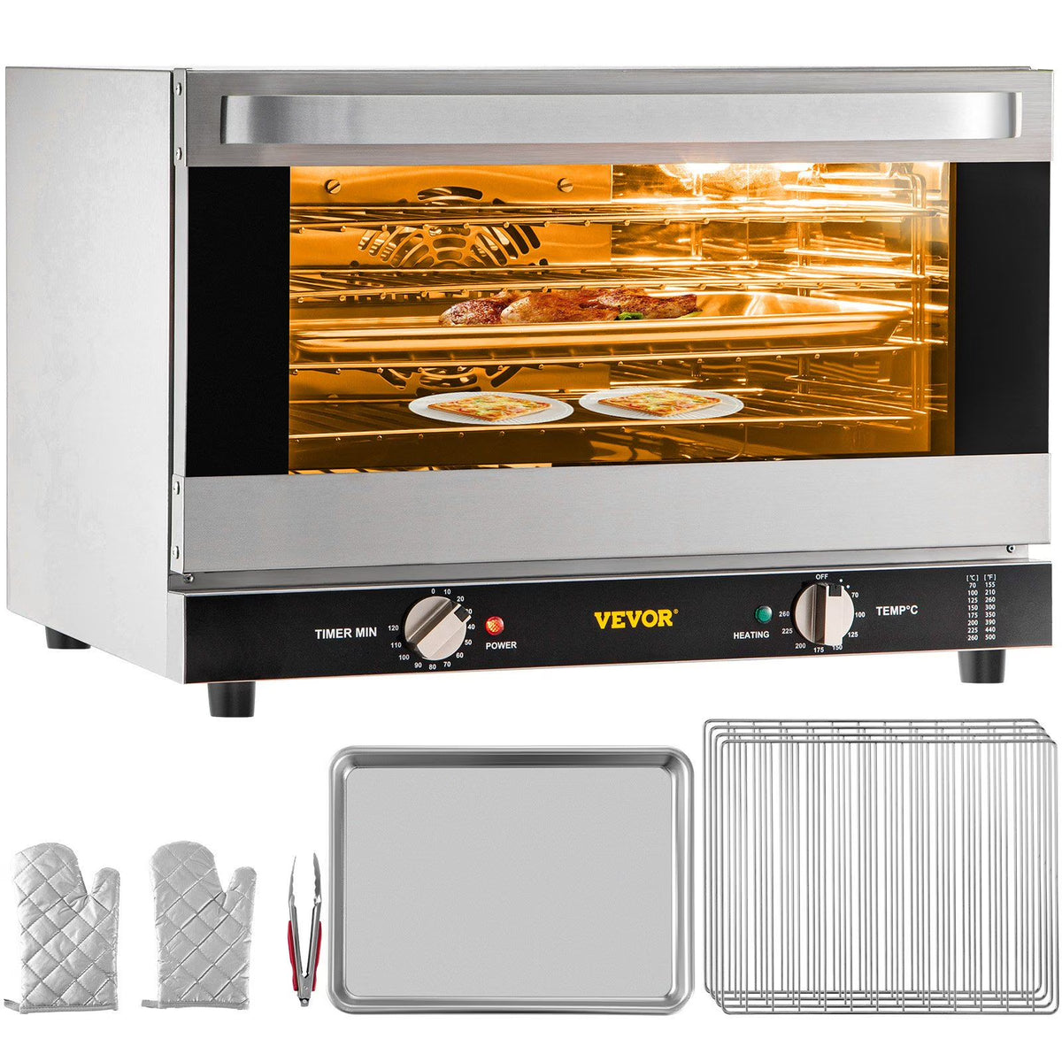 Commercial Convection Oven 47L/43Qt, Half-Size Electric Countertop Baking Oven, 1600W 4-Tier Toaster w/ Front Glass Door, Wire Racks, Tray, Bread Clip & Gloves, 120V ETL Listed