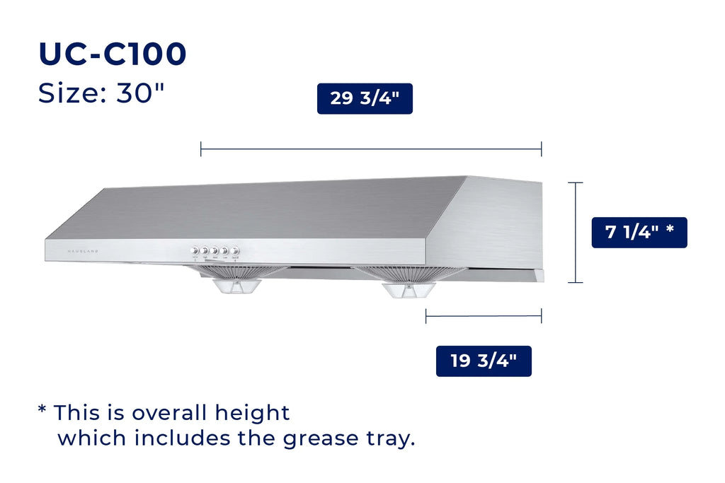 Hauslane Chef Series C100 30-inch Under Cabinet Range Hood, Stainless Steel, Energy Efficient LED, 6 Inch Duct