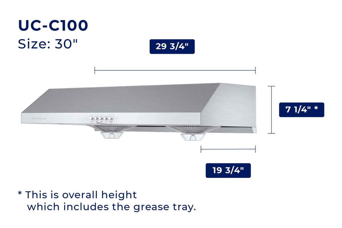 Hauslane Chef Series C100 30-inch Under Cabinet Range Hood, Stainless Steel, Energy Efficient LED, 6 Inch Duct