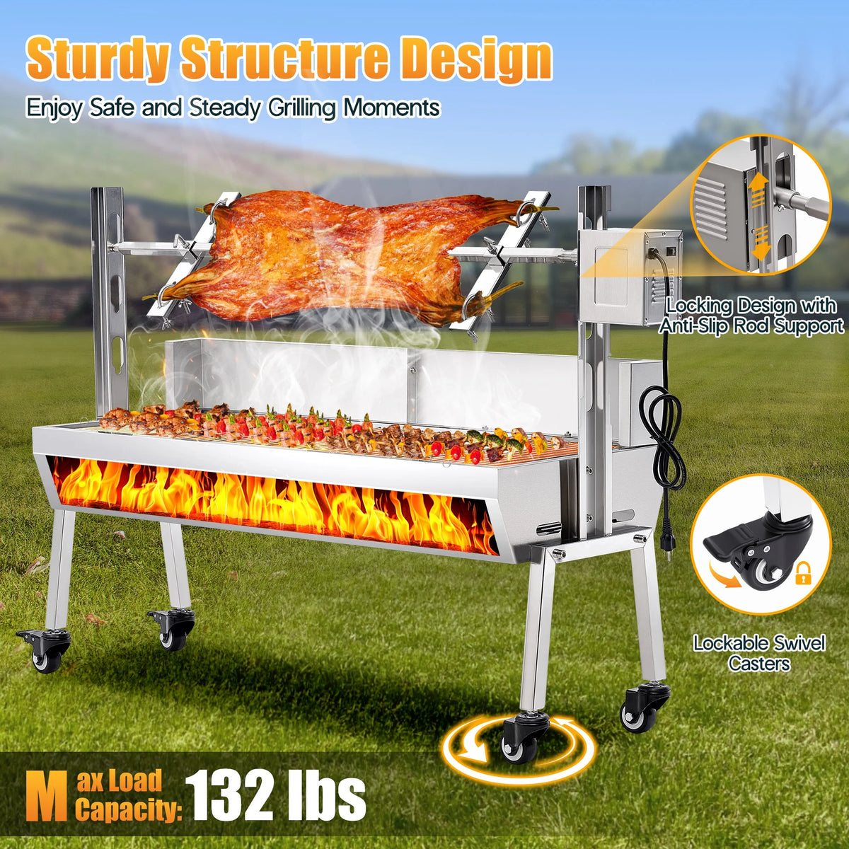 LUXOAK Electric BBQ Rotisserie Grill Kit, 46" 132 Lbs Capacity, 45W Motor, Height-Adjustable Stainless Steel Pig Roaster with Triangular Stability Support Stand for Pig Lamb