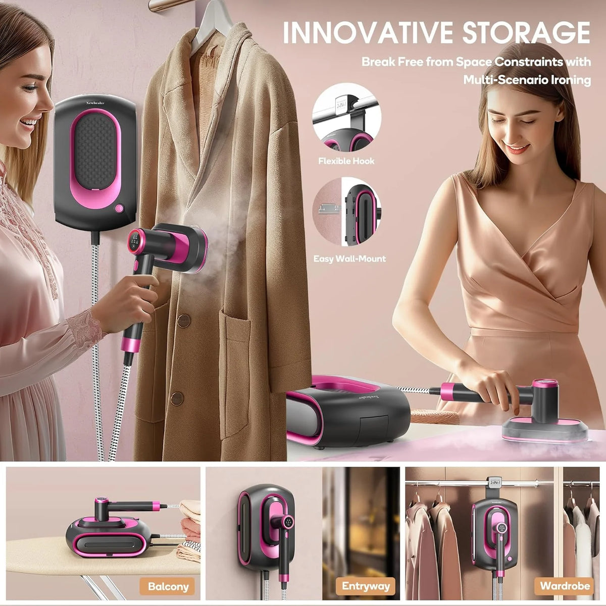 Newbealer Steamer for Clothes,2-in-1 1550W Turbocharged Garment Steamer & Iron ,3 Levels Smart Control Steaming,1.2L Detachable Tank,Auto Shut-Off,Self-Cleaning,Innovative Storage: Hang or Wall Mount