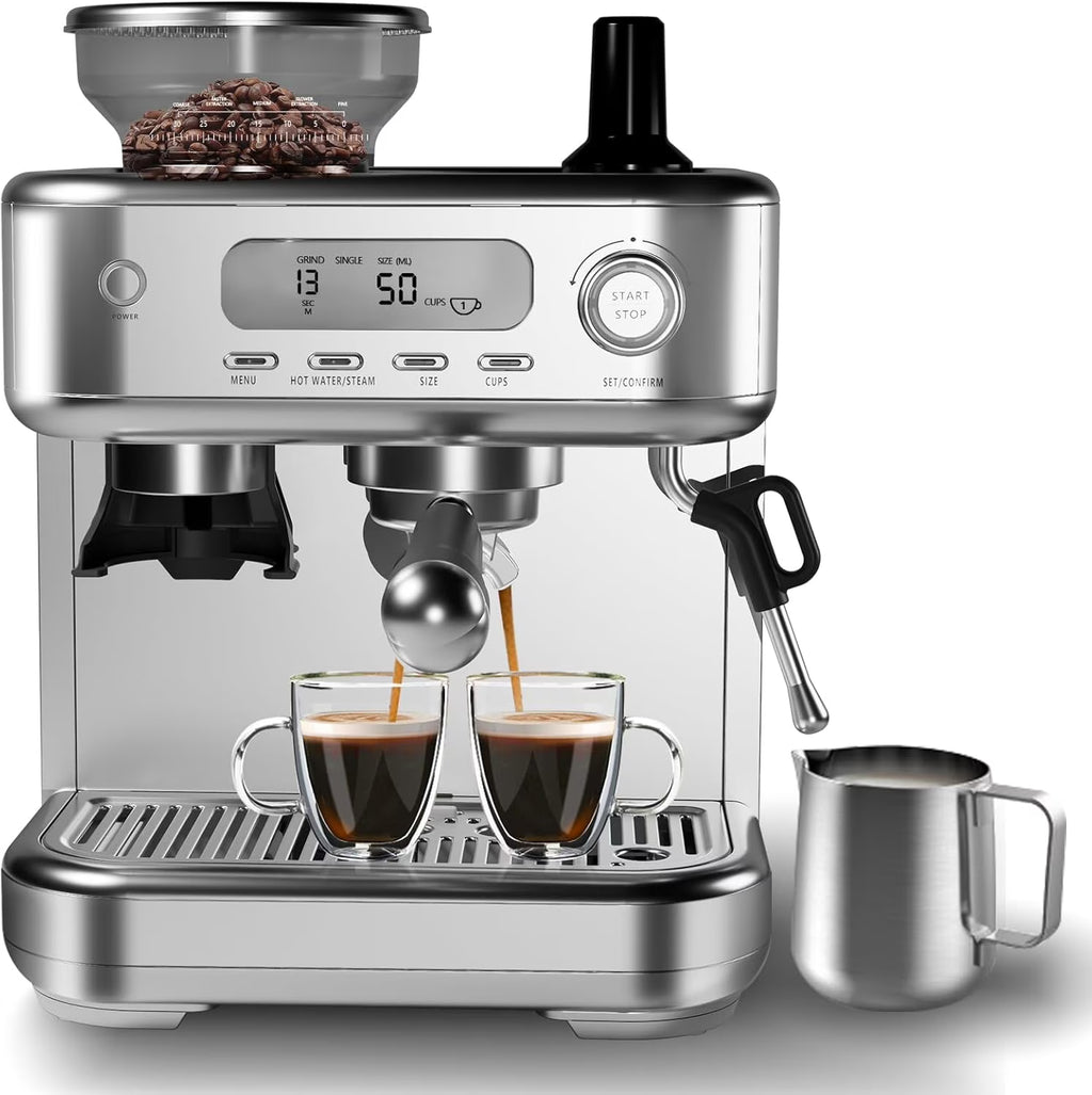 Espresso Machine with Grinder, Professional Coffee and Espresso Maker Combo, Stainless Steel Cafe Espresso Machine with Steam Wand Barista Kit for Cappuccino Latte