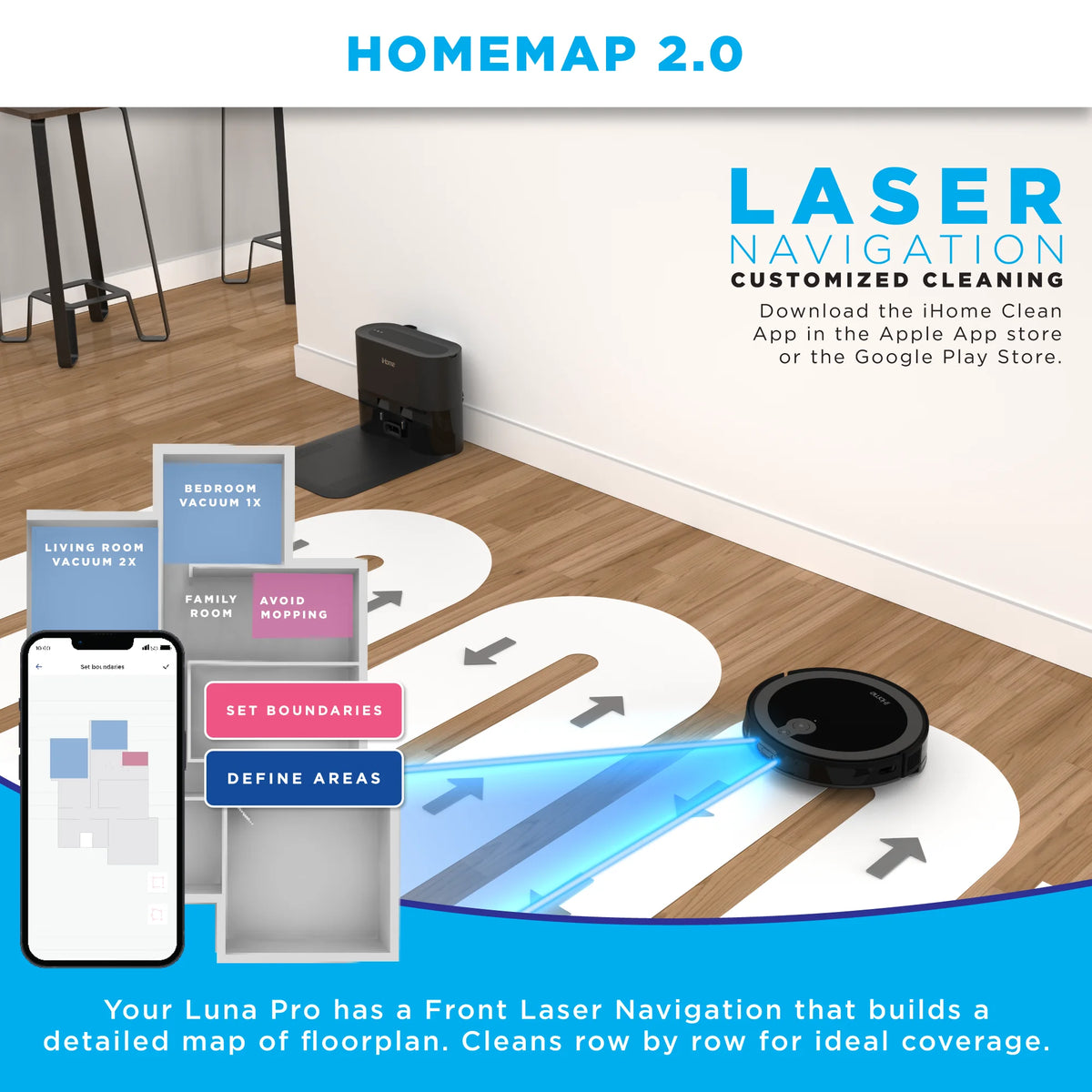 iHome AutoVac Luna Pro New 3-in-1 Robot Vacuum and Vibrating Mop with Auto Empty Base, Self-Emptying, Smart Mapping, Wi-Fi Connected, LIDAR Navigation, Mop Combo, Pet Hair, Hard Floor, Carpet