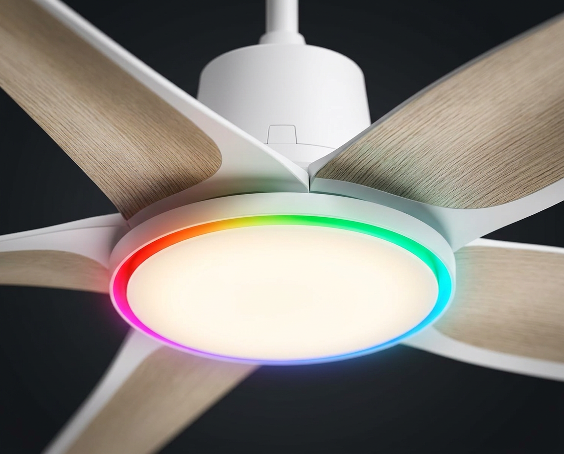 Ventilateur de plafond ROGLOW, vue rapprochée de l'anneau lumineux LED multicolore
