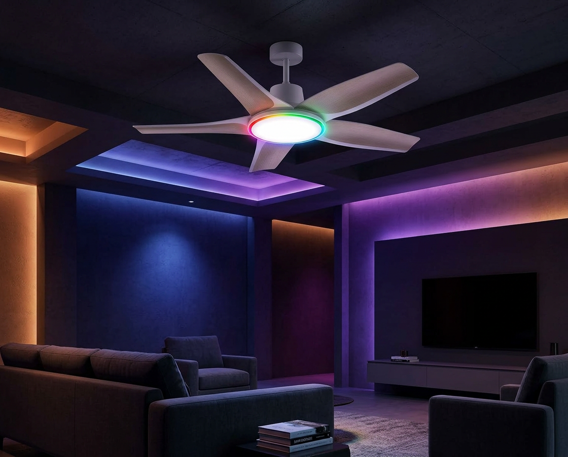 Ventilateur de plafond ROGLOW en ambiance nocturne avec éclairage LED RGB
