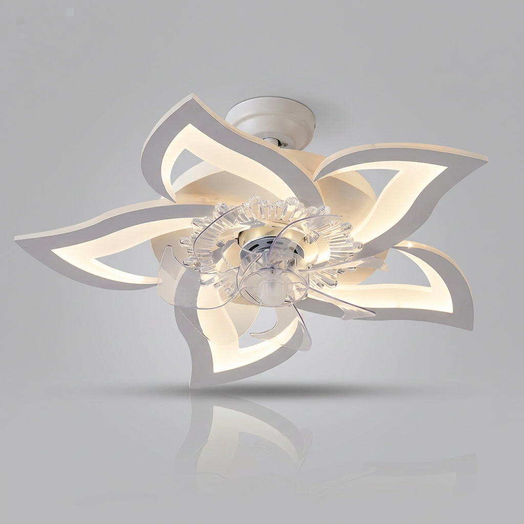 Ventilateur de plafond ROGLOW design fleur blanc, vue d'ensemble sur fond neutre