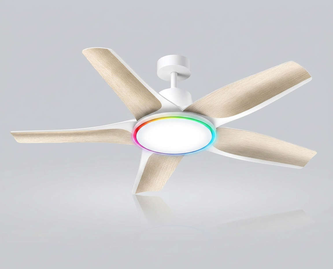 Ventilateur de plafond ROGLOW pales effet bois avec anneau LED RGB, vue d'ensemble