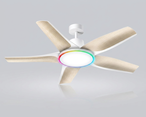 Ventilateur de plafond ROGLOW pales effet bois avec anneau LED RGB, vue d'ensemble