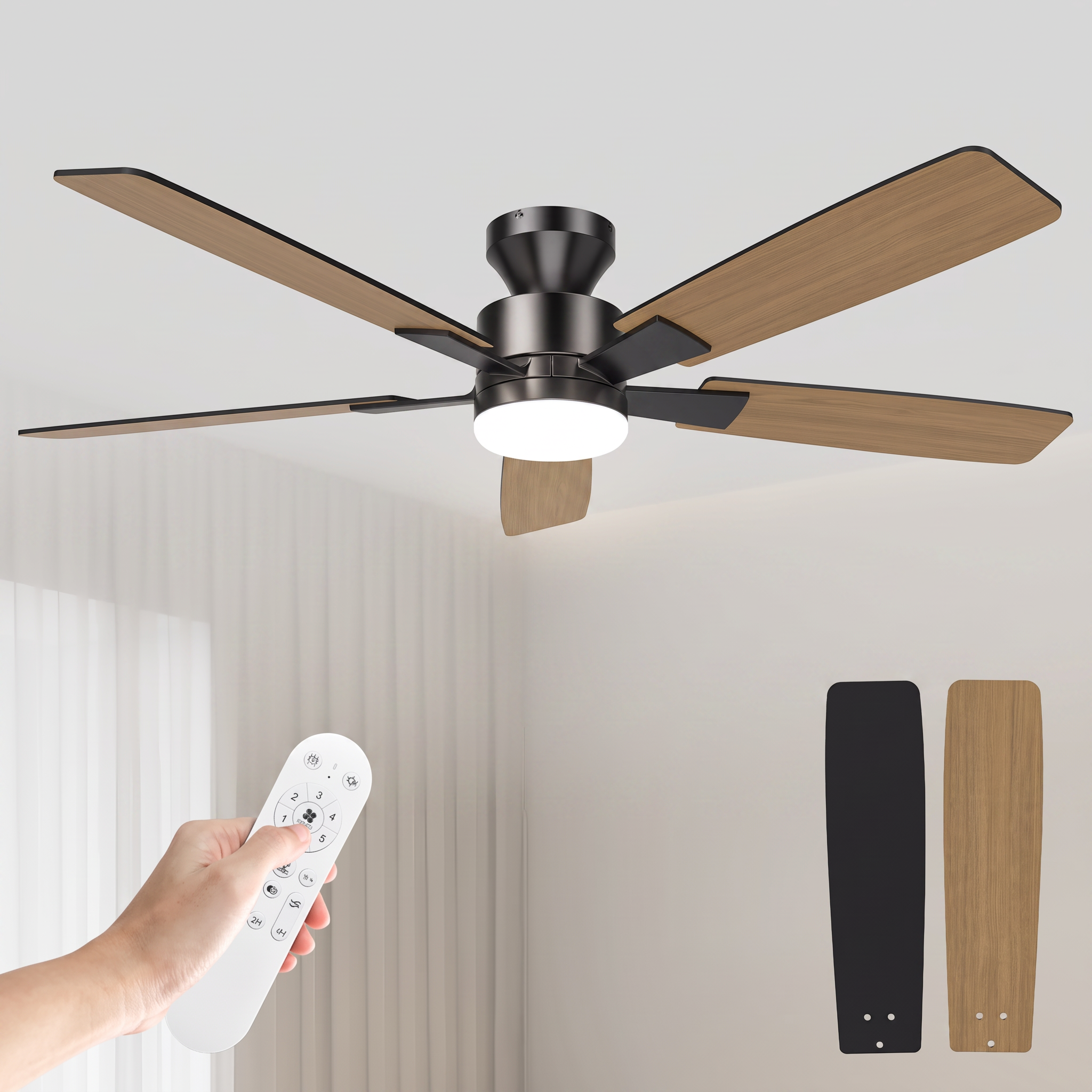 Ventilateur de plafond ROGLOW 5 pales réversibles noir et bois avec télécommande