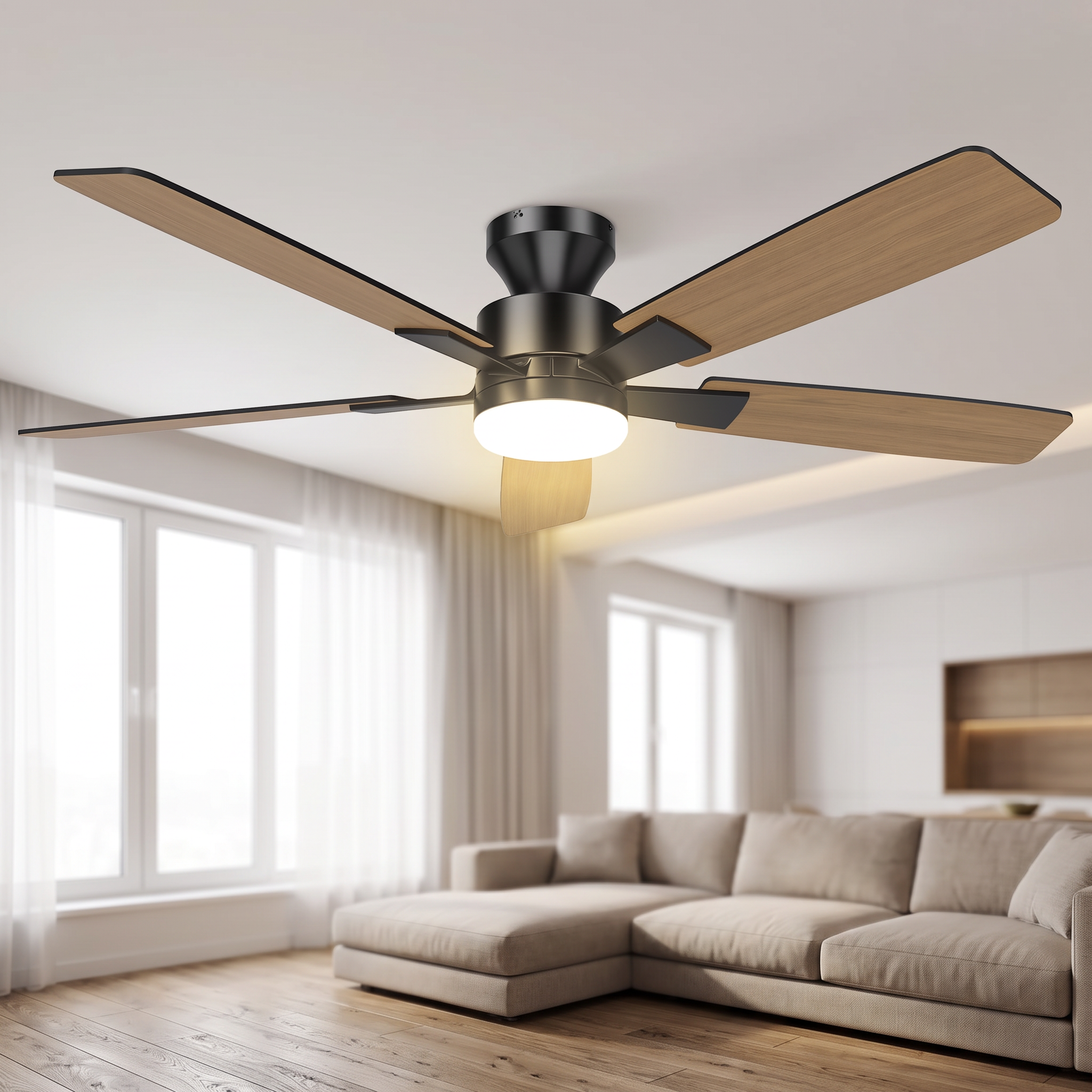 Ventilateur de plafond ROGLOW pales bois installé dans un salon moderne