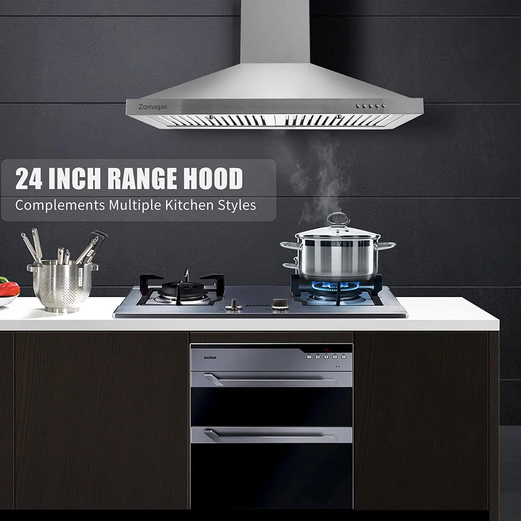 Zomagas 24 inch Wall Mount Range Hood 450CFM Exhaust Vent Stainless with Dishwasher Clean Filter 120V