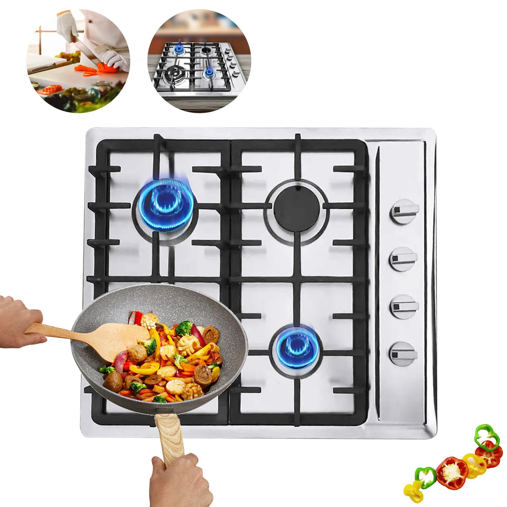 Stainless Steel 4-Burner Gas Stove, 3.0KW+1.75KW+1.0KW, Built-In Cooktop with Rotary Switch for Homes, Restaurants