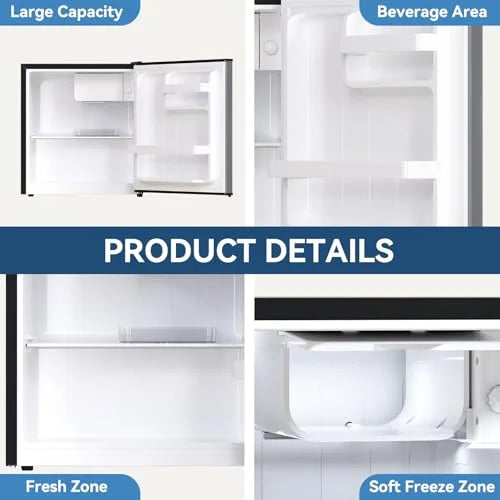 Frestec 1.7 Cu.Ft Mini Fridge with Freezer, Mini Fridge for Bedroom, Small Refrigerator, Dorm Refrigerators with Freezer, Compact Refrigerator for Office, Apartment, Dorm, Bedroom