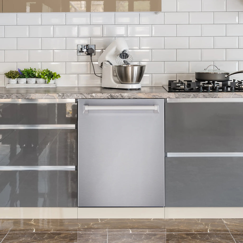 Cosmo 4 Piece Kitchen Appliance Packages with 36" Freestanding 220/240V Dual Fuel Range 36" Island Range Hood 24" Built-in Integrated Dishwasher & French Door Refrigerator Kitchen Appliance Bundles