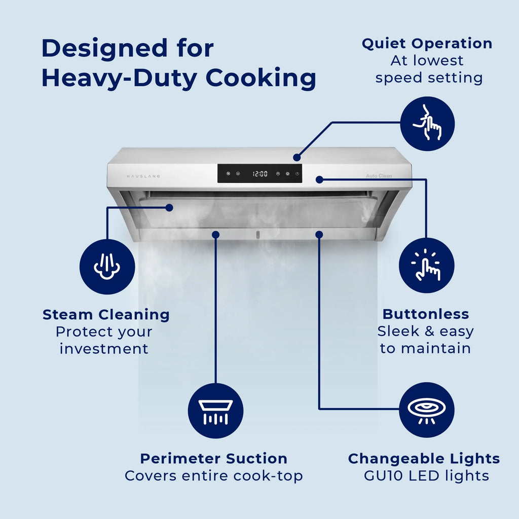 Hauslane UC-PS38 30-inch Under Cabinet Range Hood, Stainless Steel, Professional Suction, Steam Auto Clean, Touch Panel