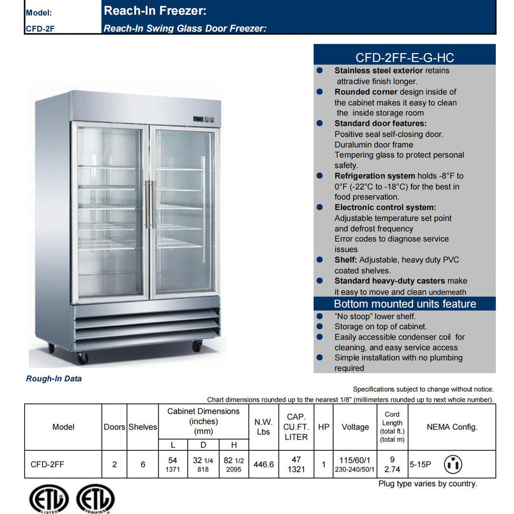54 in. Commercial Freezer, Upright Reach-In Freezer 47 Cu.Ft. Stainless Steel, Auto-Defrost 2-Glass Door Freezer, NSF ETL