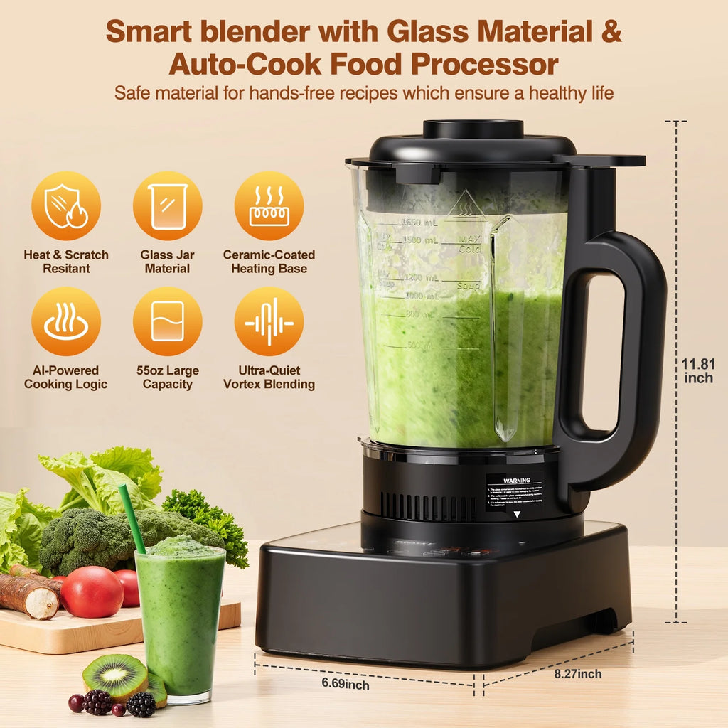 PRASKY Countertop Blender with Heating, 53oz Glass Jar, Nut Milk Maker, Homemade Soy, Soup, Ice, Multifunction Blender for Kitchen with Portable Metal Insulated Cup (Black)