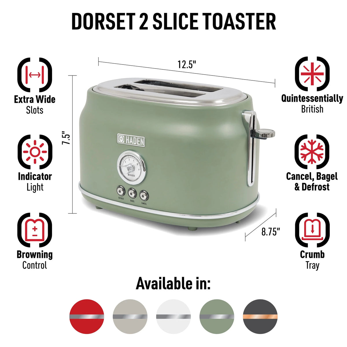 Haden Dorset 2 Slice Wide Slot Stainless Steel Toaster, Cedar Green/Chrome