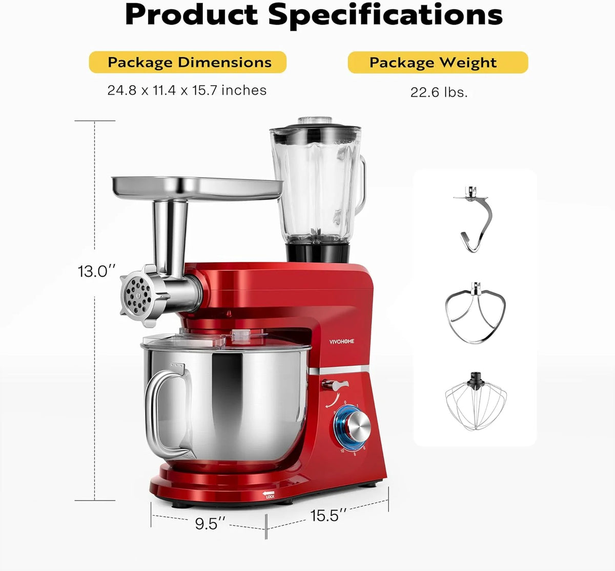 SPECSTAR 6 in 1 Multifunctional Stand Mixer with 8.5 Quart Stainless Steel Bowl, 660W 10 Speed Tilt-Head, Silver