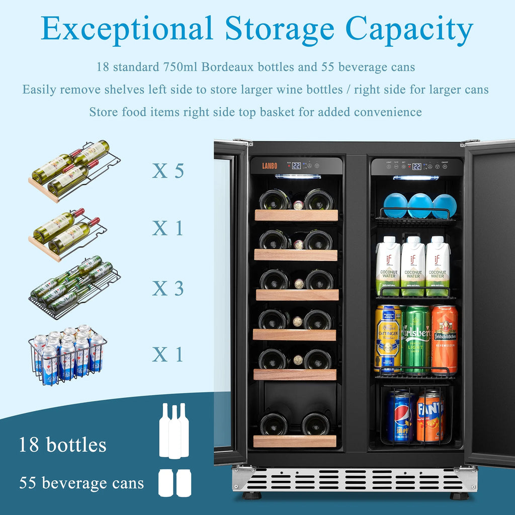 Lanbo 24 inch Dual Zone 18 Bottle Wine and 55 Can Beverage Cooler with French Door