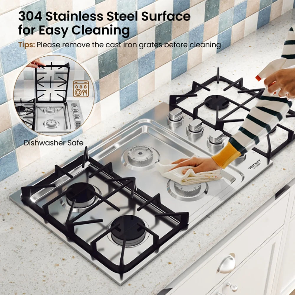 Resenkos 30/36 Inch Gas Cooktop with 4/6 Powerful Burners and ABS Knobs-30 inches, Convertible Gas Burner for Kitchen, Stainless Steel