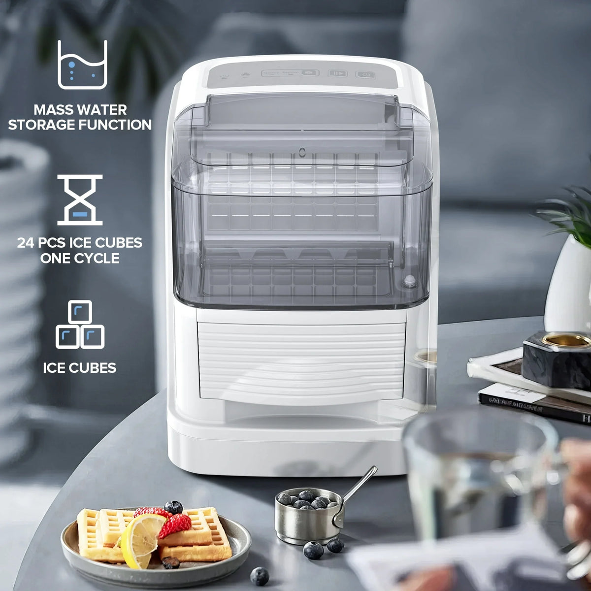 Auseo Cubic Ice Maker Machine, 2 Ice Size, 33 Lbs/Day, 24 Pcs Ice Cube Per Cycle, Large Ice Cube Storage Capacity, Adjustable Ice Thickness for Home/Office/Dorm, Silver