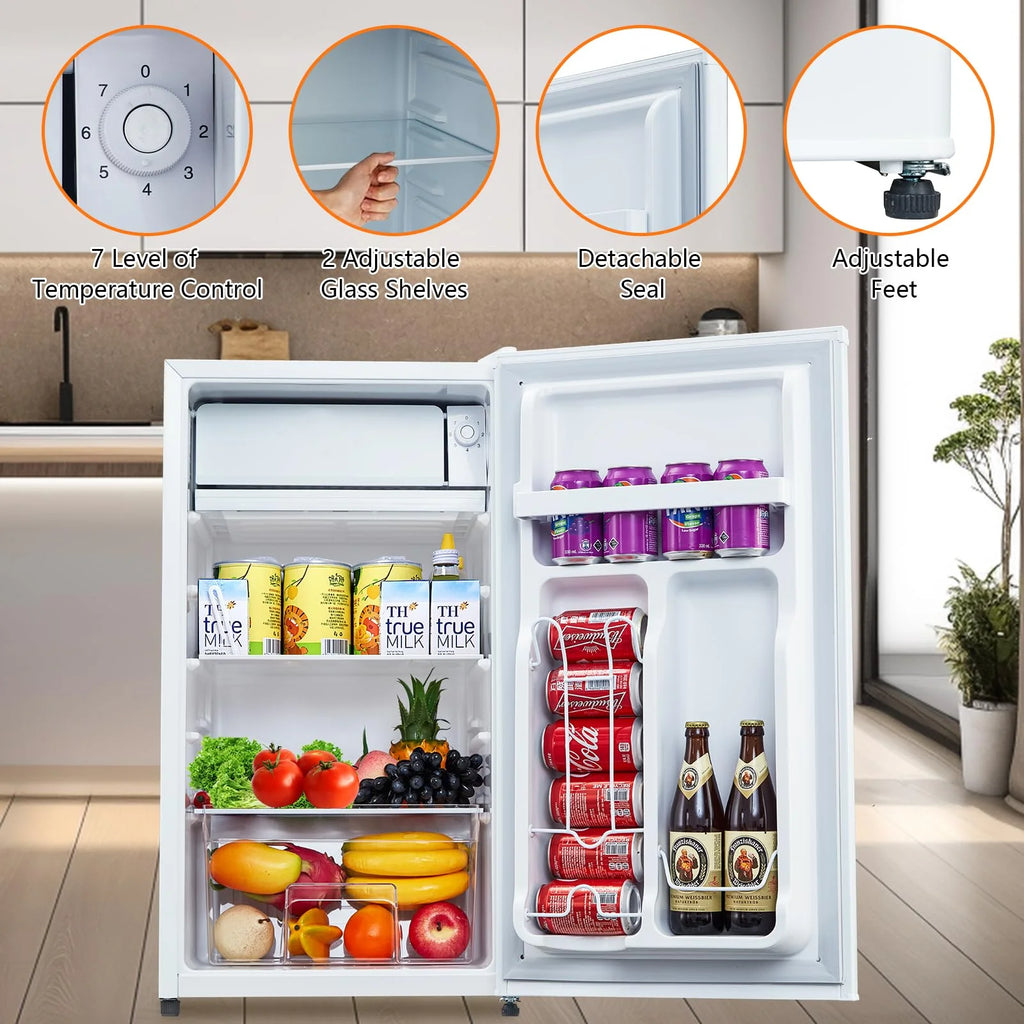 Mini Fridge with Freezer, 3.2 Cu.  Ft Small Refrigerator for Bedroom,7 Adjustable Thermostat,Low Noise,Easy to Storage&Clean Single Door,Refrigerator For Home, Office, Dorm, Garage or RV