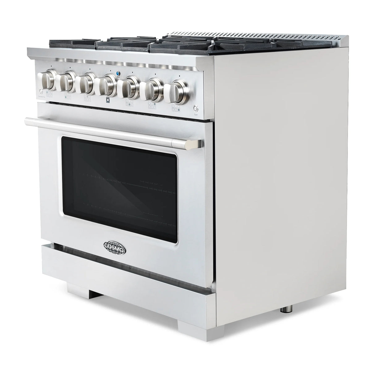 Cosmo 4 Piece Kitchen Appliance Package with 36" Freestanding Dual Fuel Range 36" Island Range Hood 24" Built-in Integrated Dishwasher & French Door Refrigerator Kitchen Appliance Bundles