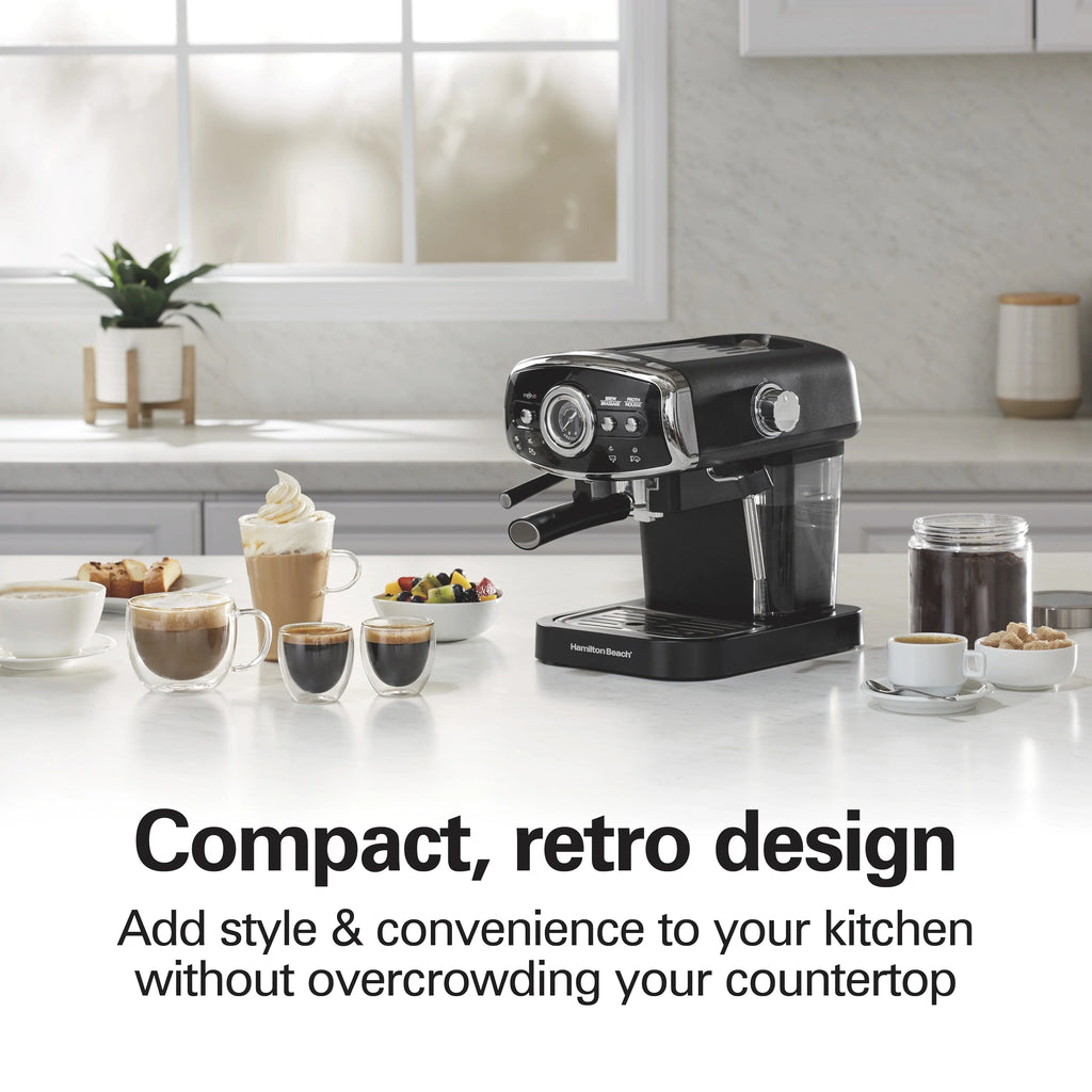 Hamilton Beach 15-Bar, 2 Cup Espresso Machine, Slide & Lock Espresso Maker with Milk Frother, Black & Chrome