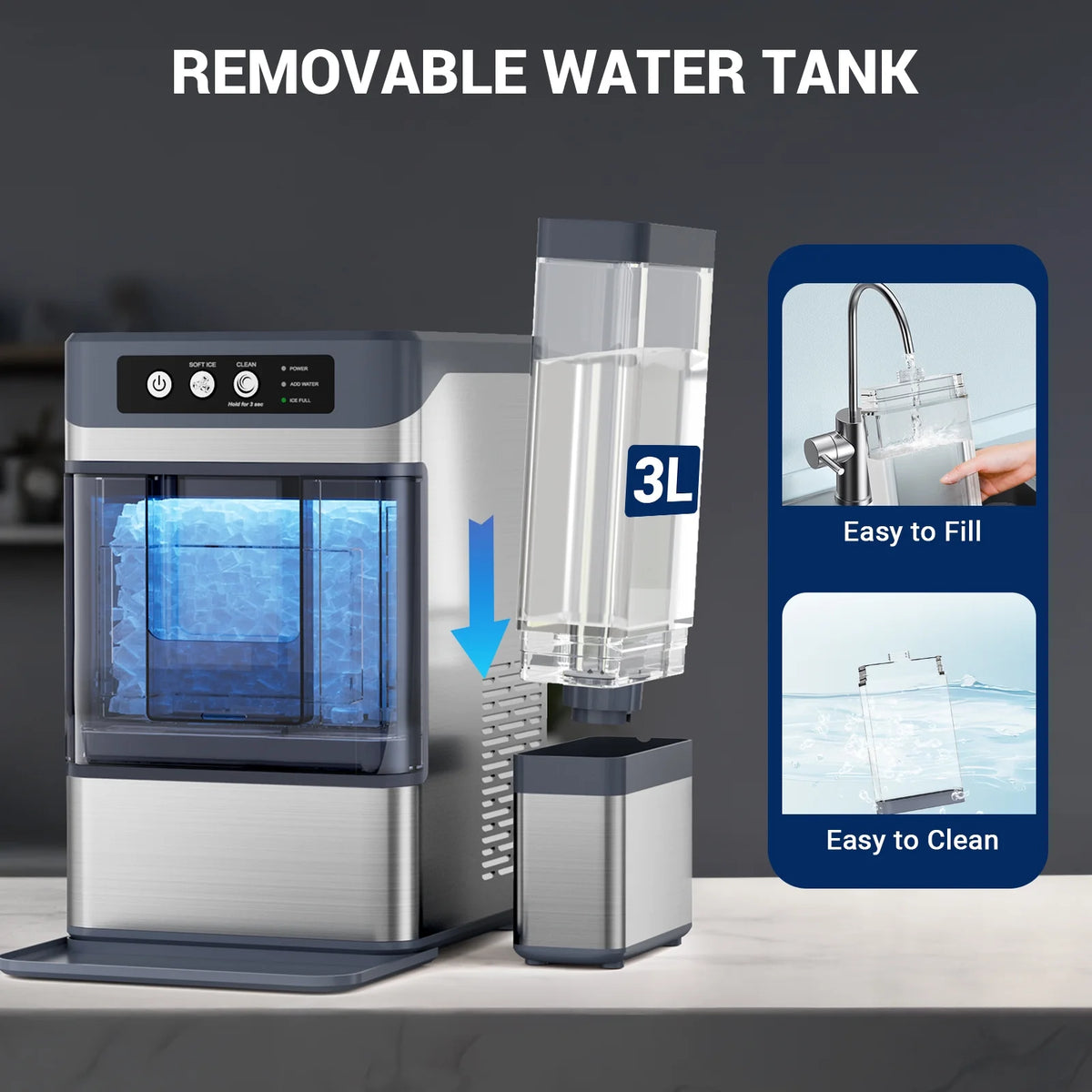 Ecojoy Stainless Steels Portable Countertop Nugget Ice Maker Machine, 44Lbs/24H with 0.8 Gallon Tank,Soft Chewable Pellet Ice Ready in 5-10min, Self-Cleaning