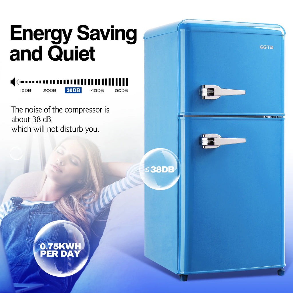 GGTB 3.0 Cu.Ft Two Door Small Refrigerator with Freezer, Compact Retro Small Refrigerator for Dorm, Office, Bar, RV, Bedroom, Blue