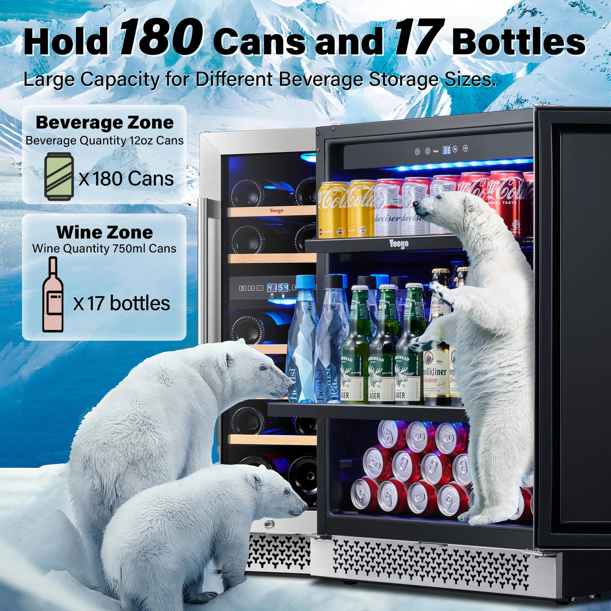 Yeego 30" Wine and Beverage Refrigerator,Two 15" Wine and Beverage Cooler Under Counter or Freestanding, Hold 33 Bottles and 80 Cans(Two Pack)