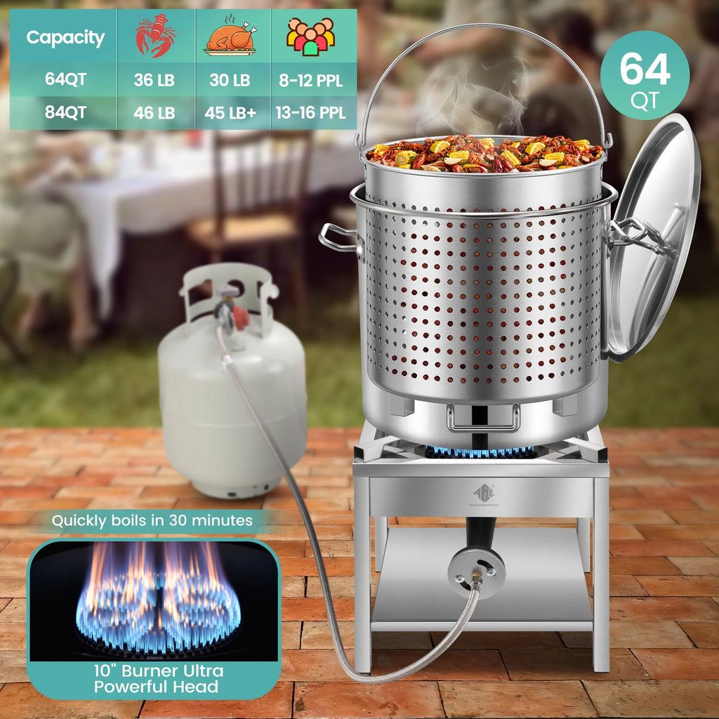 64QT Stainless Steel Seafood Boil Pot with 200,000BTU Propane Burner, w/Basket for Outdoor Deep Fryer, Large Cooking Pot for Turkey Fryer, Crab, Crawfish, Shrimp, Lobster Boiling Stock Pot