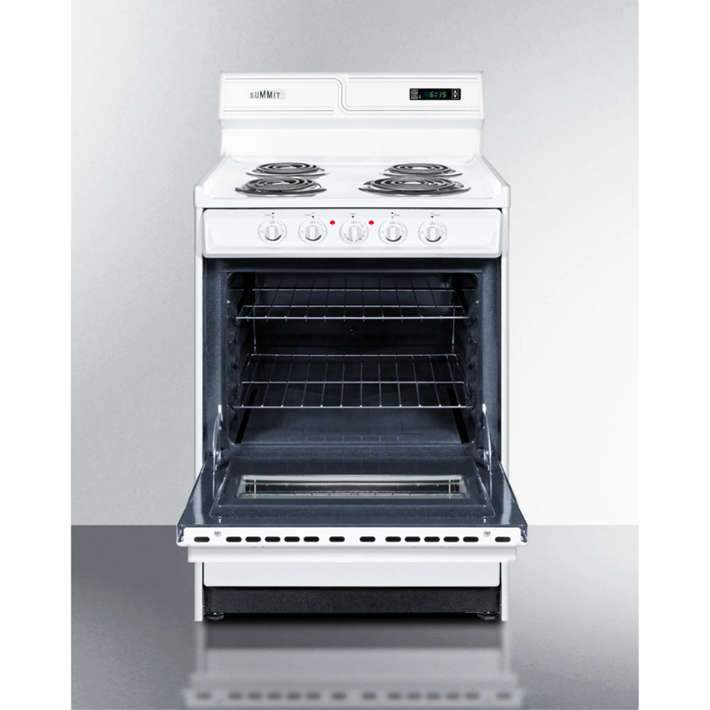 24" wide electric coil top range in white with oven window and high backguard