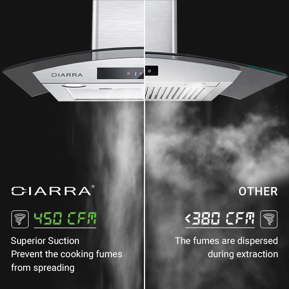 CIARRA Wall Mount Range Hood 30 inch with Tempered Glass 450 CFM Kitchen Vent Hood Ductless Ducted Convertible CAS50275
