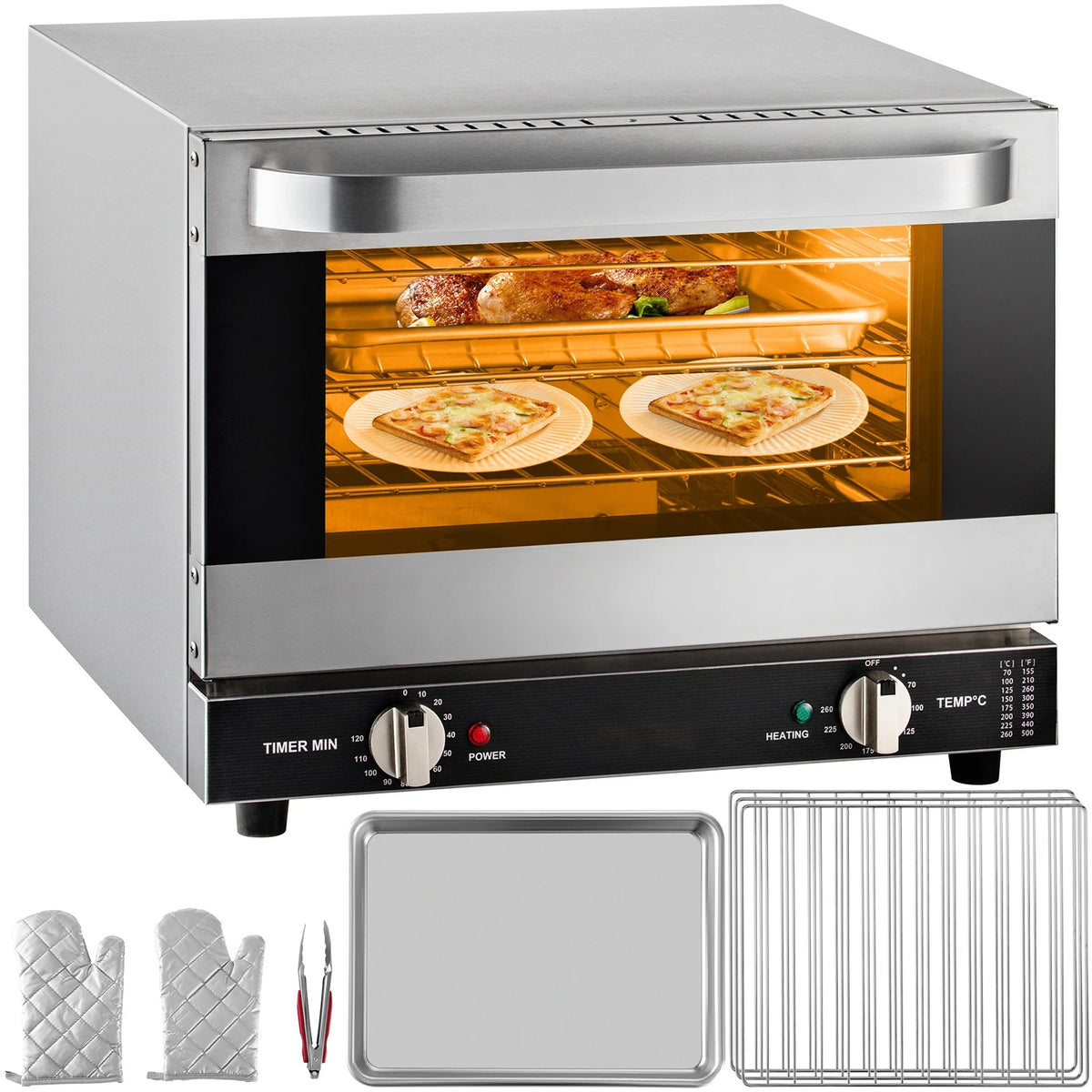 KFFKFF Commercial Convection Oven, 21L/19Qt, Quarter-Size Conventional Oven Countertop, 1440W 3-Tier Toaster w/ Front Glass Door, Electric Baking Oven w/ Trays Wire Racks Clip Gloves