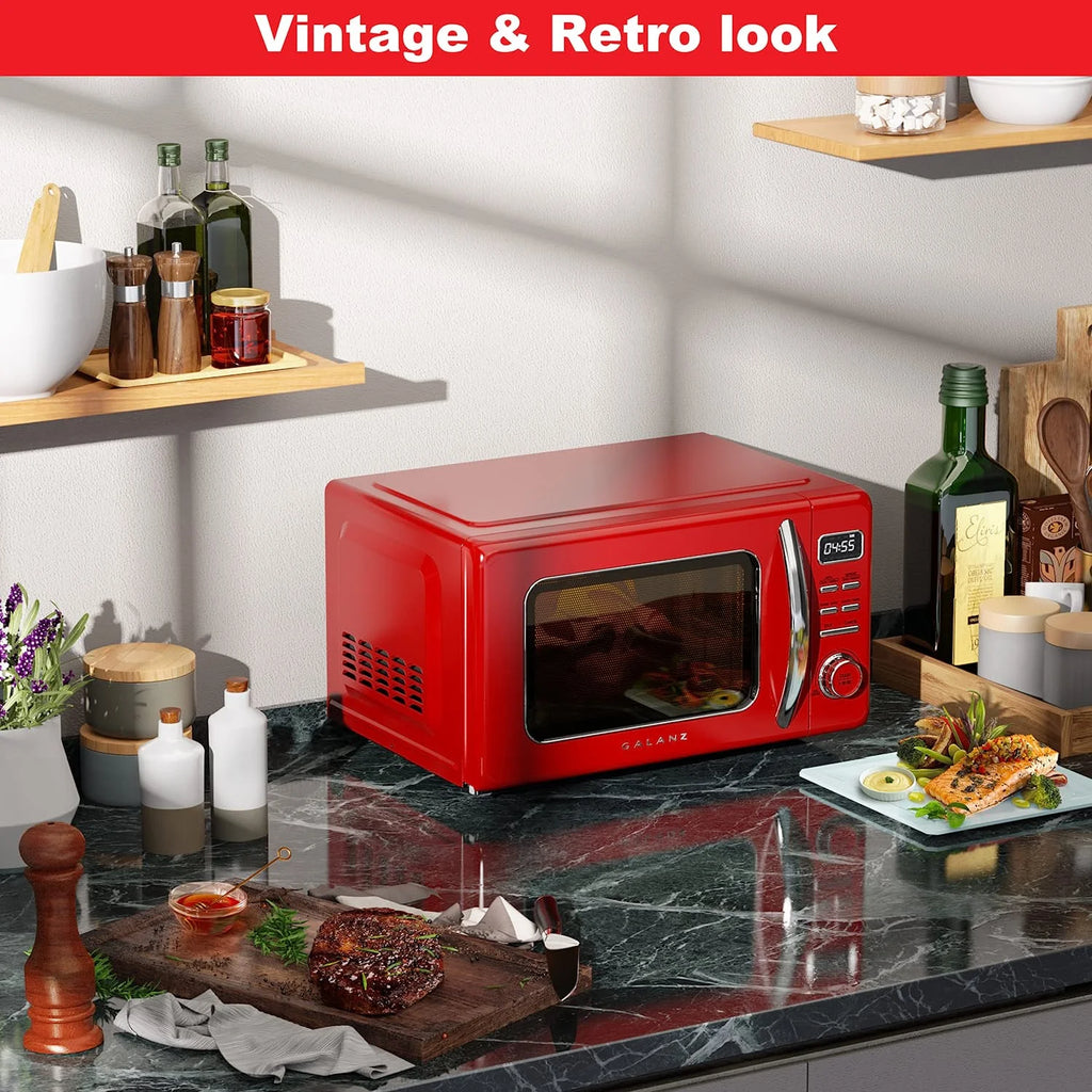 Galanz Retro Countertop Microwave Oven with Auto Cook & Reheat, Defrost, Quick Start Functions, Easy Clean with Glass Turntable, Pull Handle, .9 cu ft, Black