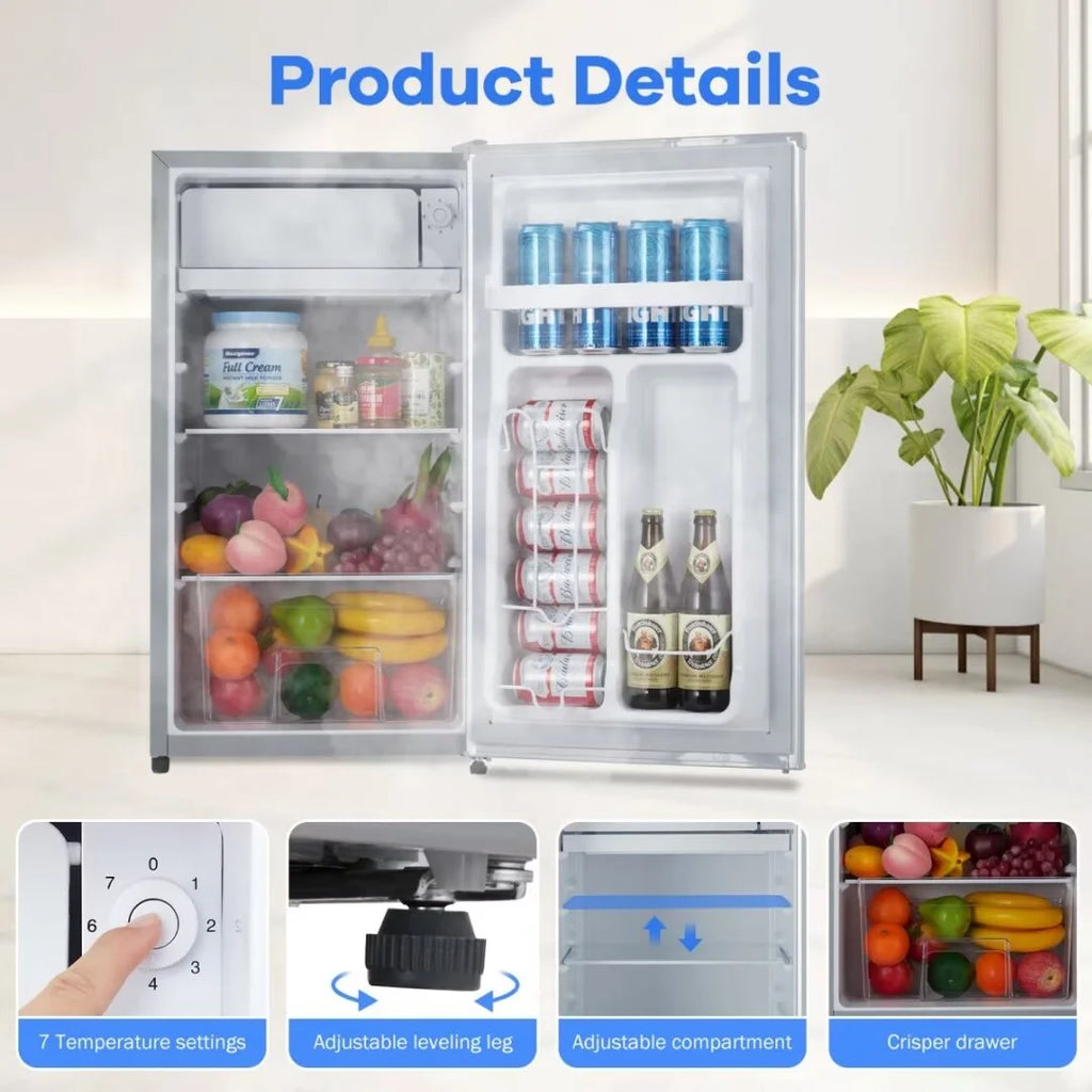 Mini Fridge with Freezer, 3.2 Cu. Ft Small Refrigerator with Adjustable Thermostat, Reversible Door for Home Office, White