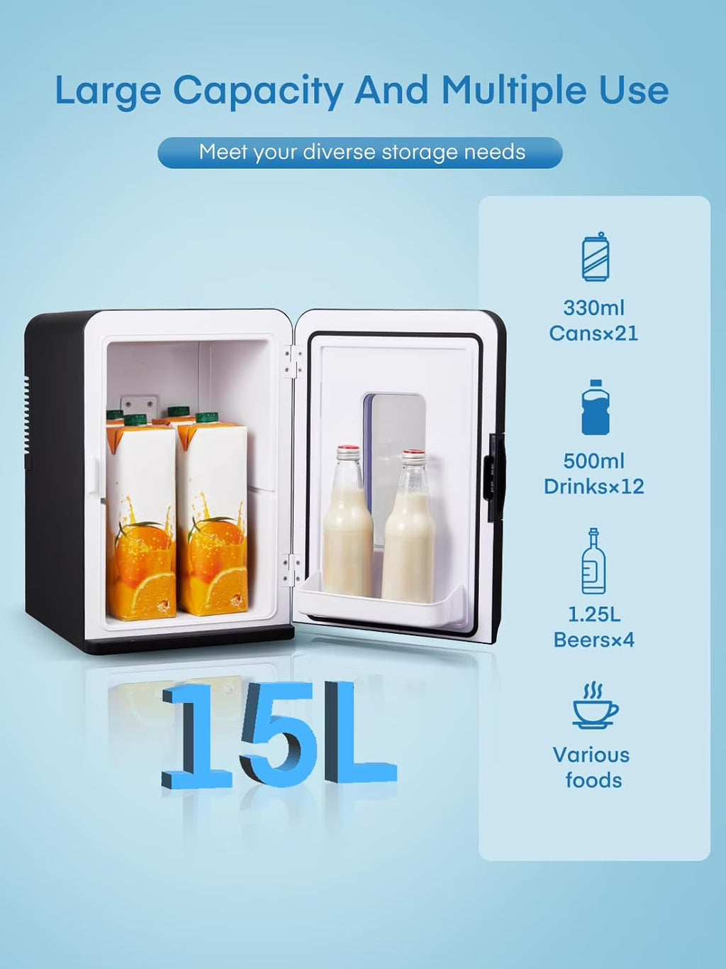 Fridge for Bedroom, 15L Portable Cooler & Warmer, 110V/12V Dual Power, for Office, Dorm, Car, Drinks, Food, Makeup