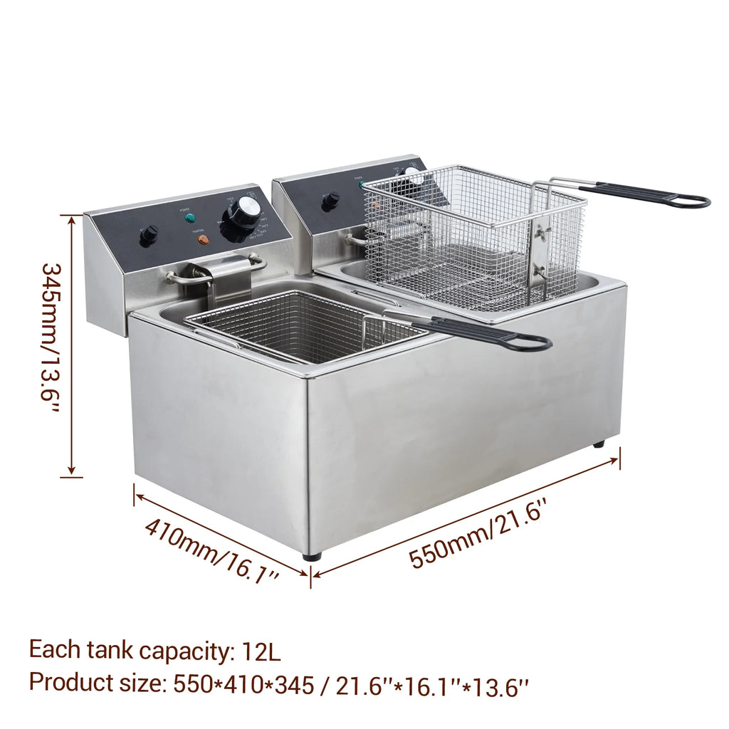 Yesurprise 6/10/12L Commercial Electric Deep Fryer Dual Tank w/Basket & Lid Countertop Stainless Steel Deep Fryer for Large Tank French Fries Onion Rings