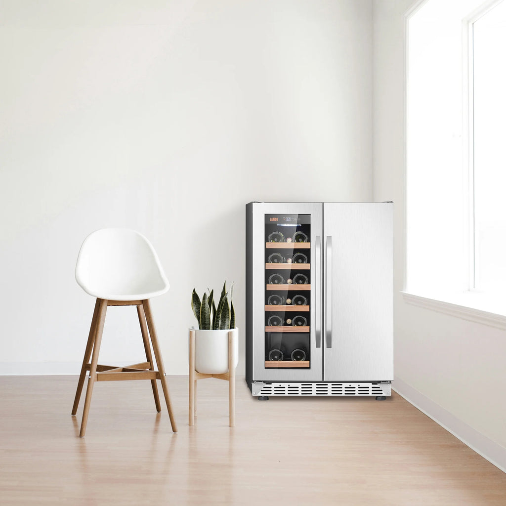 Lanbo 24 inch Dual Zone 18 Bottle Wine and 55 Can Beverage Cooler with French Door
