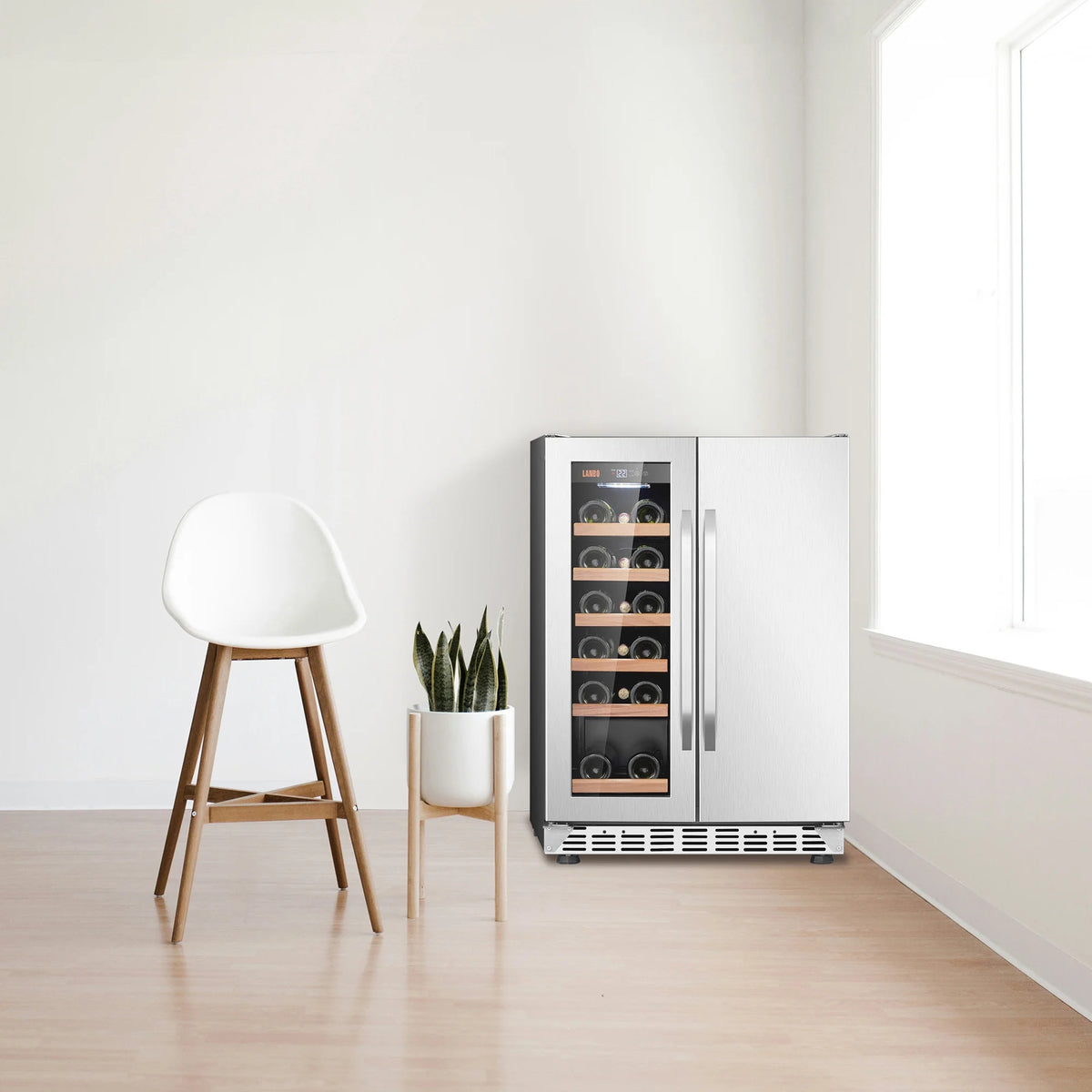 Lanbo 24 inch Dual Zone 18 Bottle Wine and 55 Can Beverage Cooler with French Door