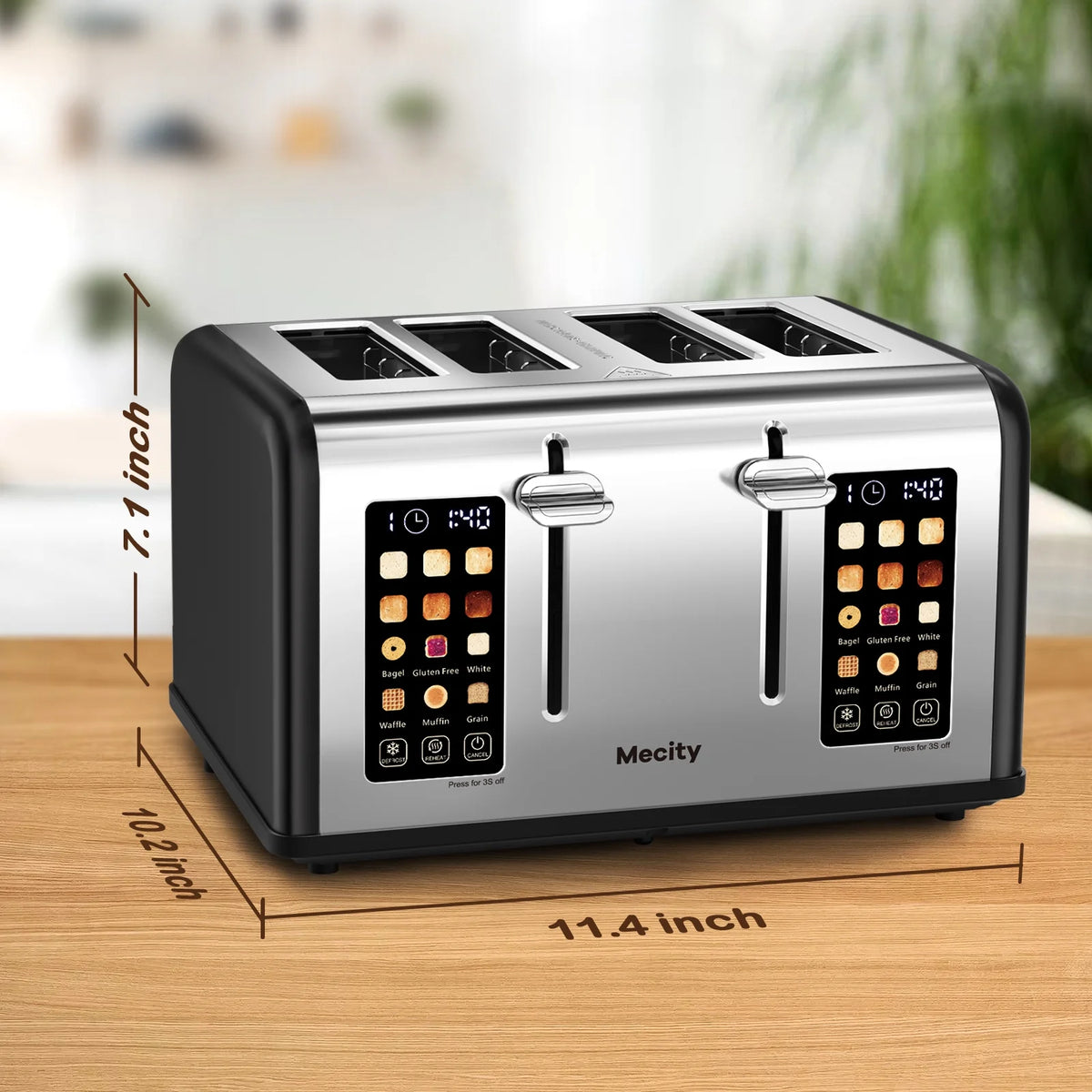Mecity 4-Slice Touchscreen Toaster, Stainless Steel, 6 Browning Settings, Reheat, Cancel, Defrost, Removable Tray