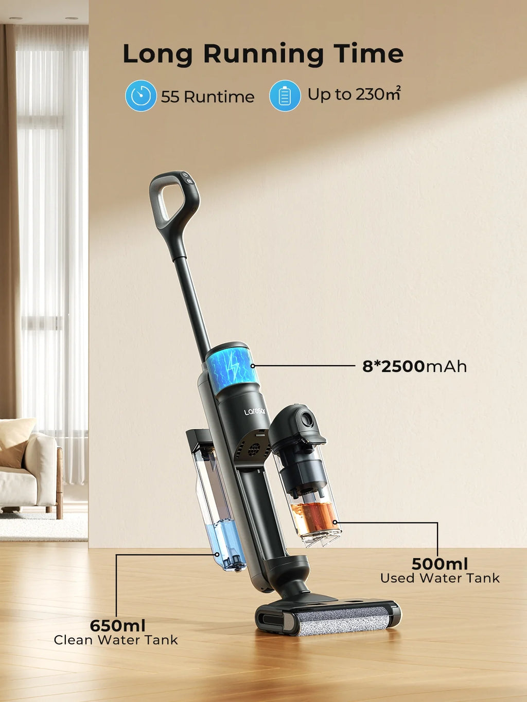 Laresar M3 Cordless Wet Dry Vacuum Mop, 55Min Multi-Surface Cordless Floor Washer 3 in 1 Self-Cleaning Vacuum Mop Hard Floor Cleaners