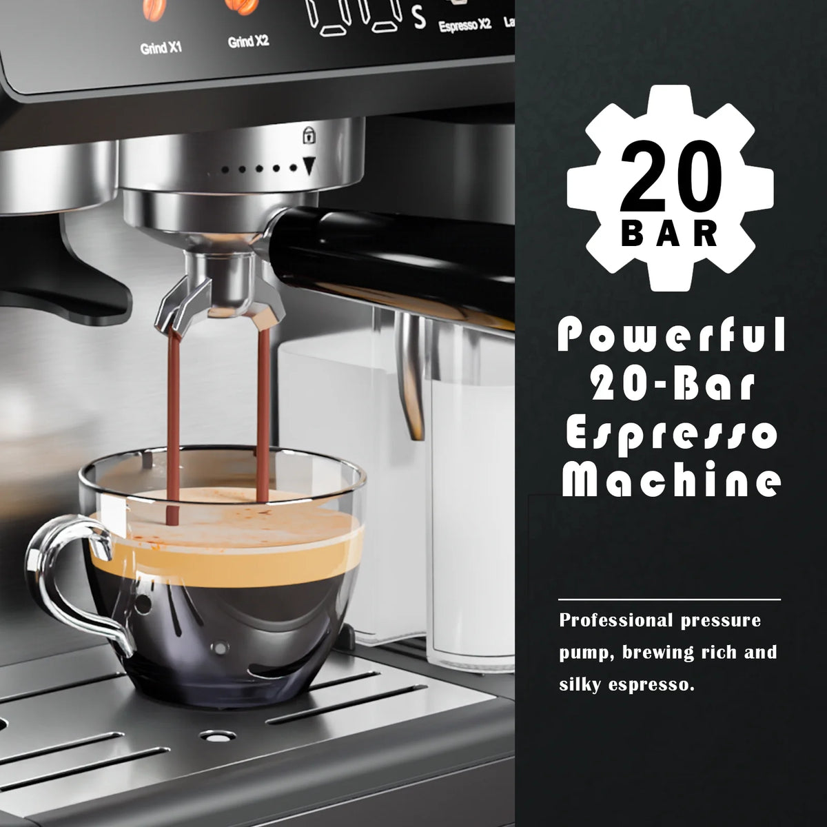 Bluebow All-in-One Espresso Machine with Grinder, 20-Bar Automatic Coffee Maker, Built-in Milk Frother for Latte & Cappuccino, Single/Double Shot