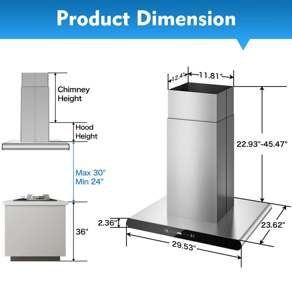 30" Island Range Hood 700CFM, Stainless Steel, Gesture/Touch/Remote Control, LED Light?