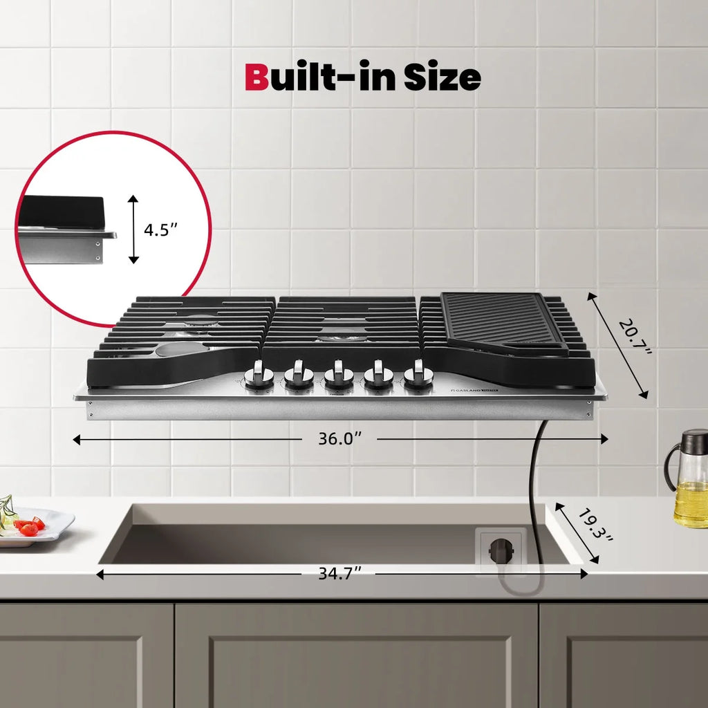 GASLAND Master Series 36 Inch Gas Cooktop with Griddle PRO GH3905SS1FC with 5 Burners,CSA certified,120V Plug-in, NG/LPG Convertible