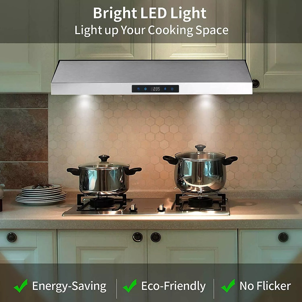 Under Cabinet Range Hood 30 inch Stainless Steel Kitchen Hood 600 CFM Stove Filter Touch Control LED Lights