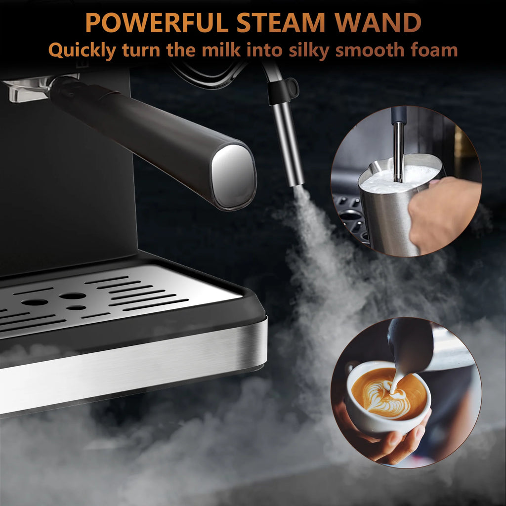 Bluebow Espresso Machine 20 Bar, 1.5L Water Tank Pressure Gauge Milk Frother Steam Coffee Maker, Silver