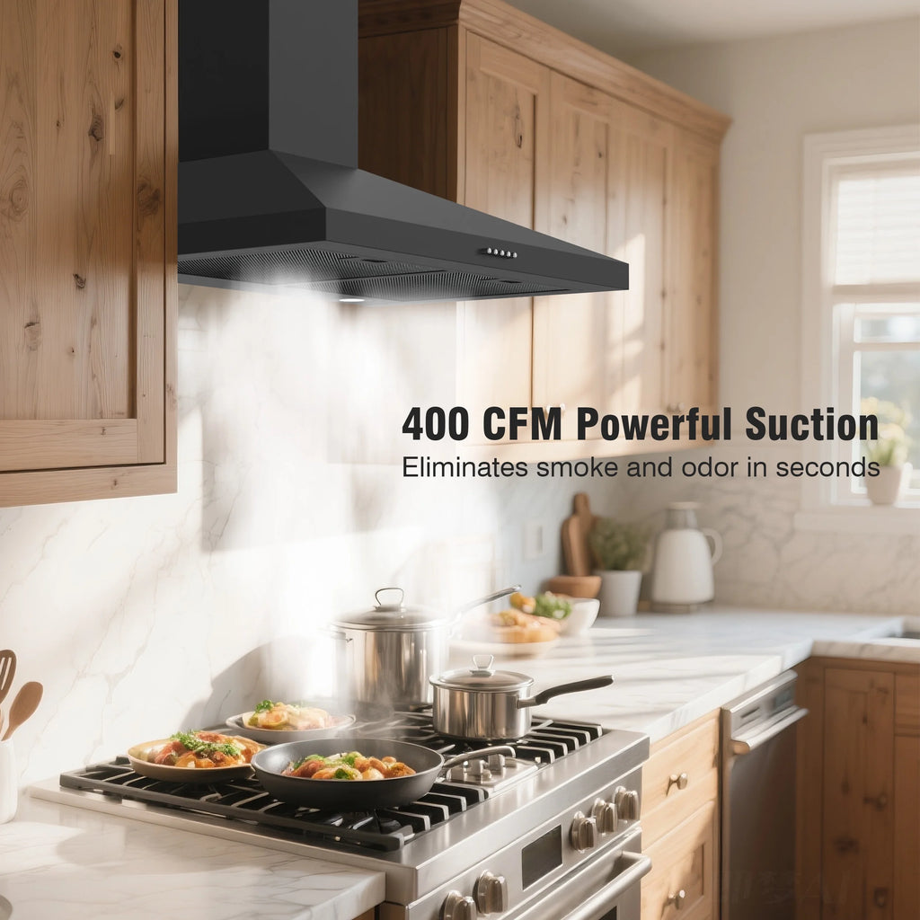 FIREGAS Wall Mount Range Hood 30 inch Black Vent Hood for Kitchen400 CFM with Ducted Convertible Ductless Kitchen Hood in Stainless Steel, 3-speed Whole-House Fan, LED Lights